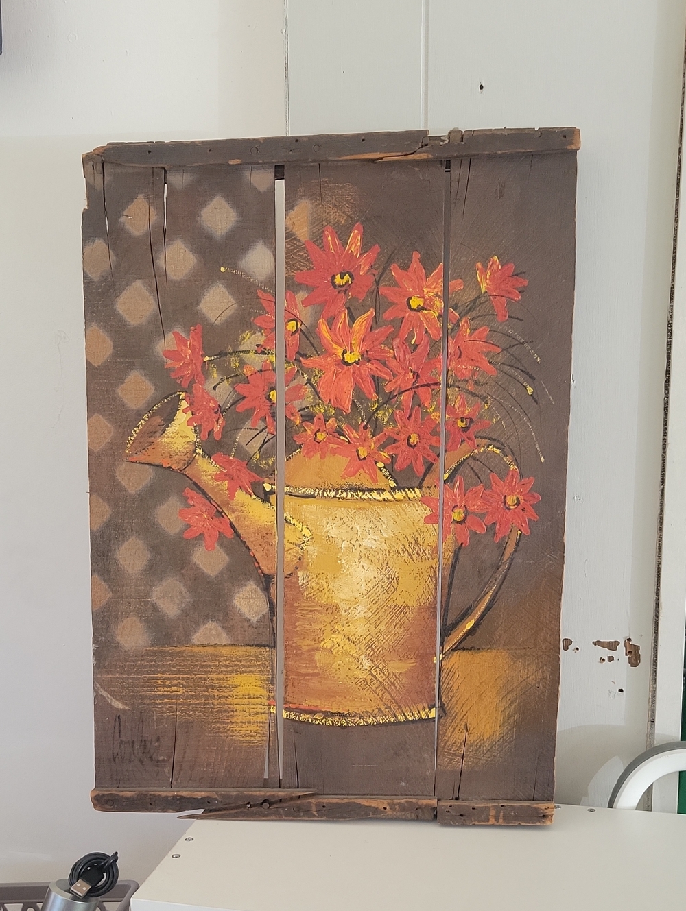 Vintage Yellow Pitcher Wall Art with Red Flowers